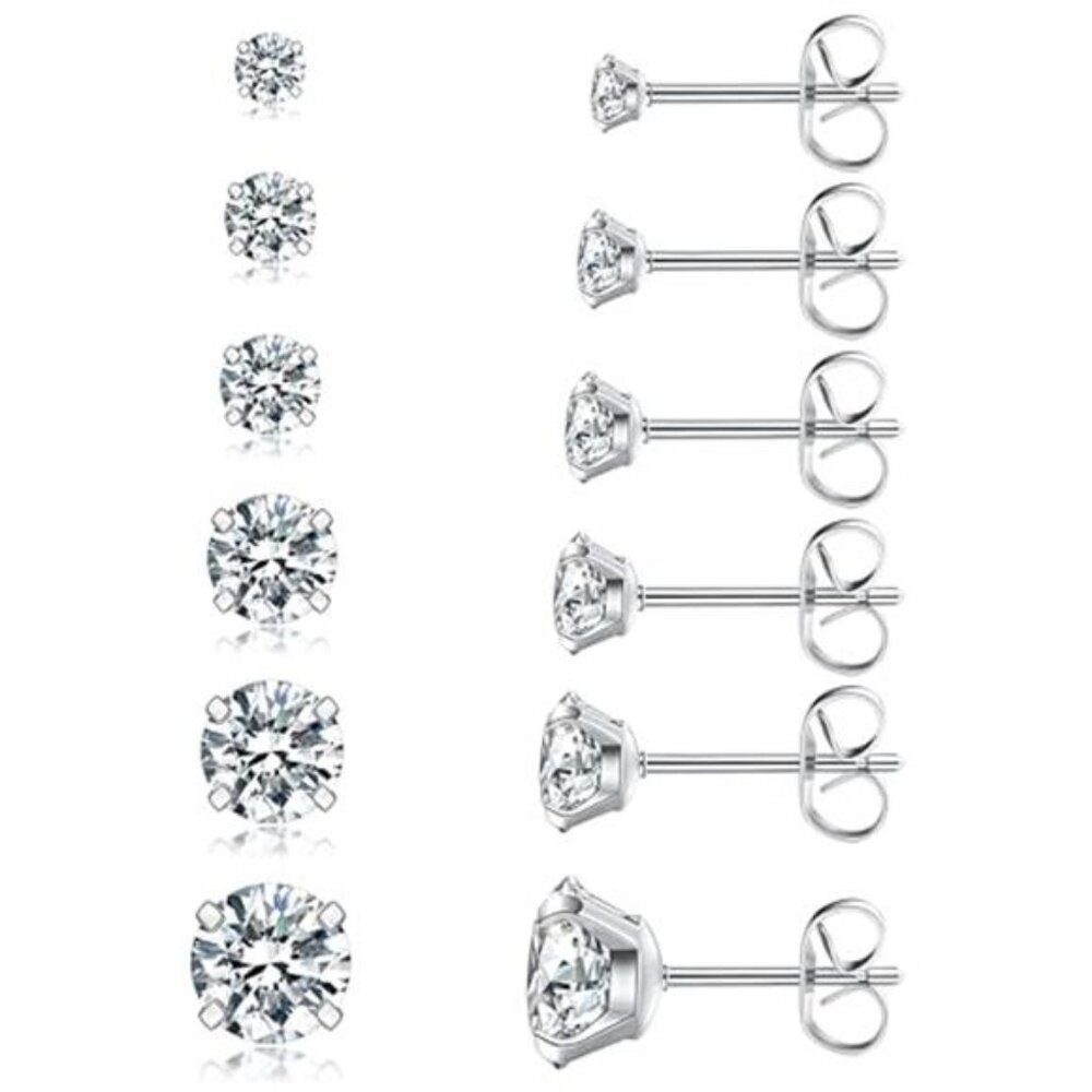 Cubic Zirconia Stud Earrings Set 6 Pairs Stainless Steel 3-8mm 20G